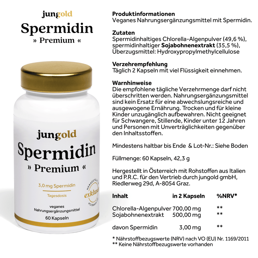 jungold Spermidin Premium 3,0 mg Tagesdosis, veganes und glutunfreies spermidinhaltiges Nahrungsergänzungsmittel aus Österreich Herstellerinformationen